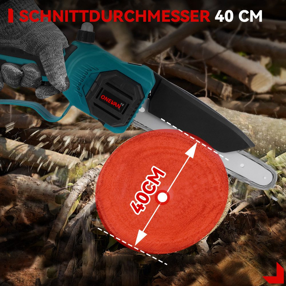 Mano sujetando motosierra. Diámetro de corte de 40 cm resaltado con círculo rojo.