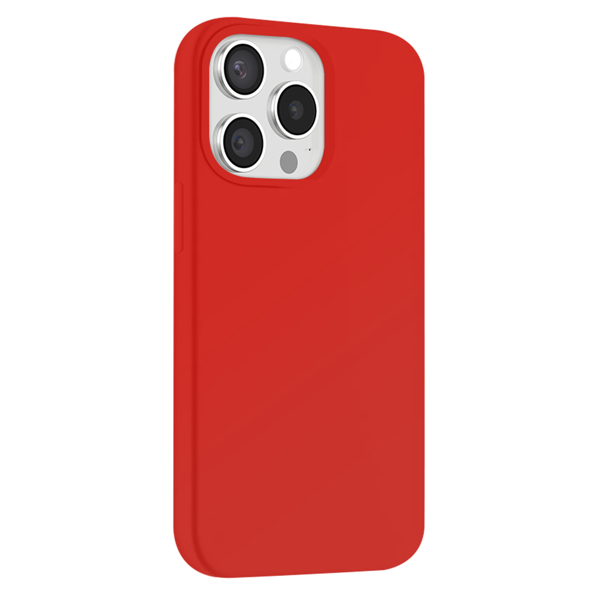 Custodia rossa per telefono con ritaglio tripla fotocamera e pulsanti laterali.