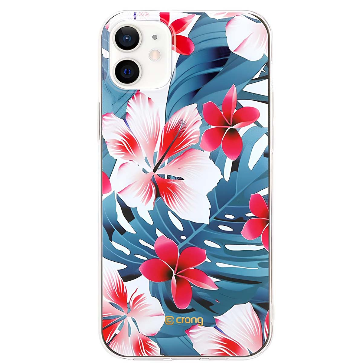 Una custodia per iPhone con motivo floreale tropicale di fiori rosa e bianchi su fogliame blu.