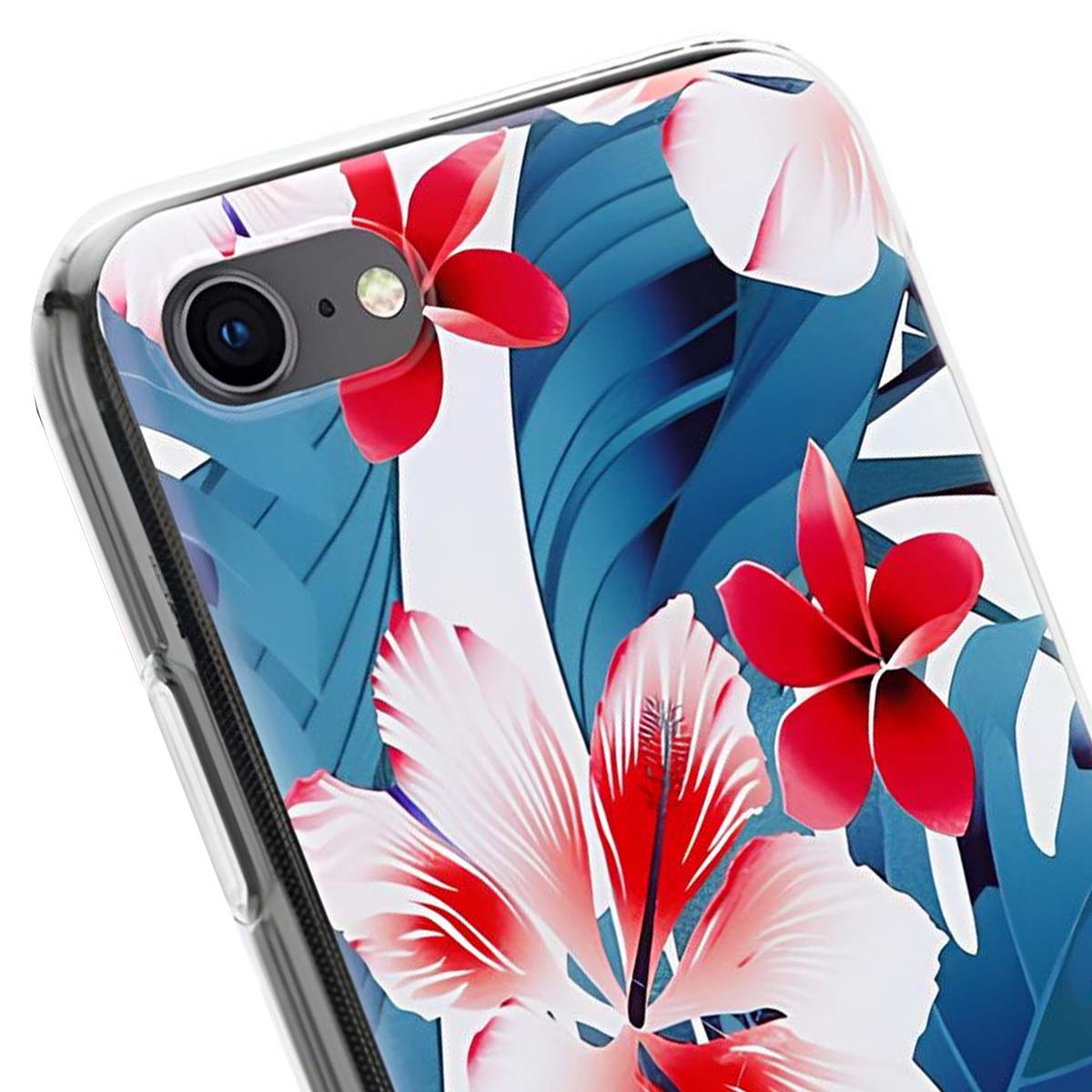 Uno smartphone con custodia trasparente con motivo floreale tropicale.
