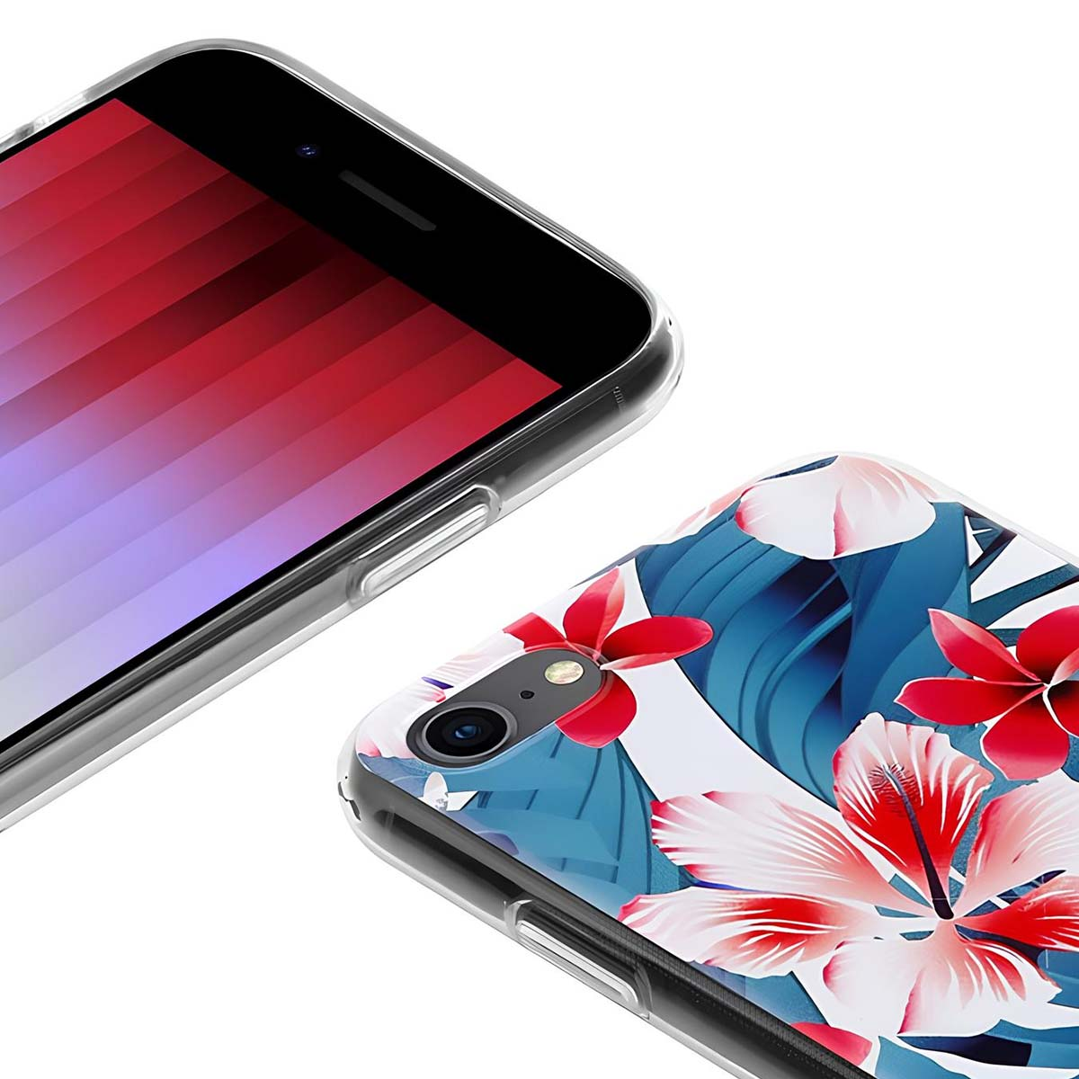 Uno smartphone con custodia floreale giace accanto a un altro telefono.
