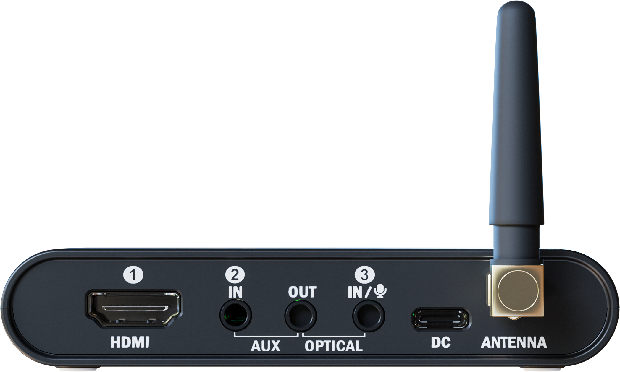 Dispositivo nero con HDMI, AUX, Ottico, DC, Antenna e porta USB-C.