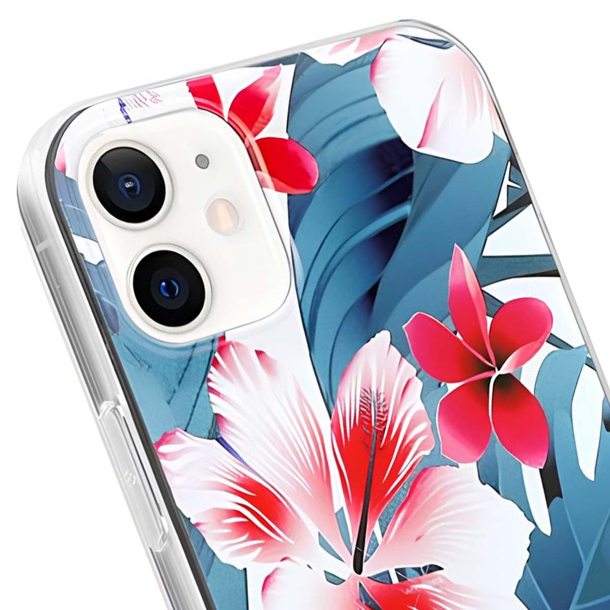 Uno smartphone con motivo floreale rosso e blu. Le fotocamere sono visibili.