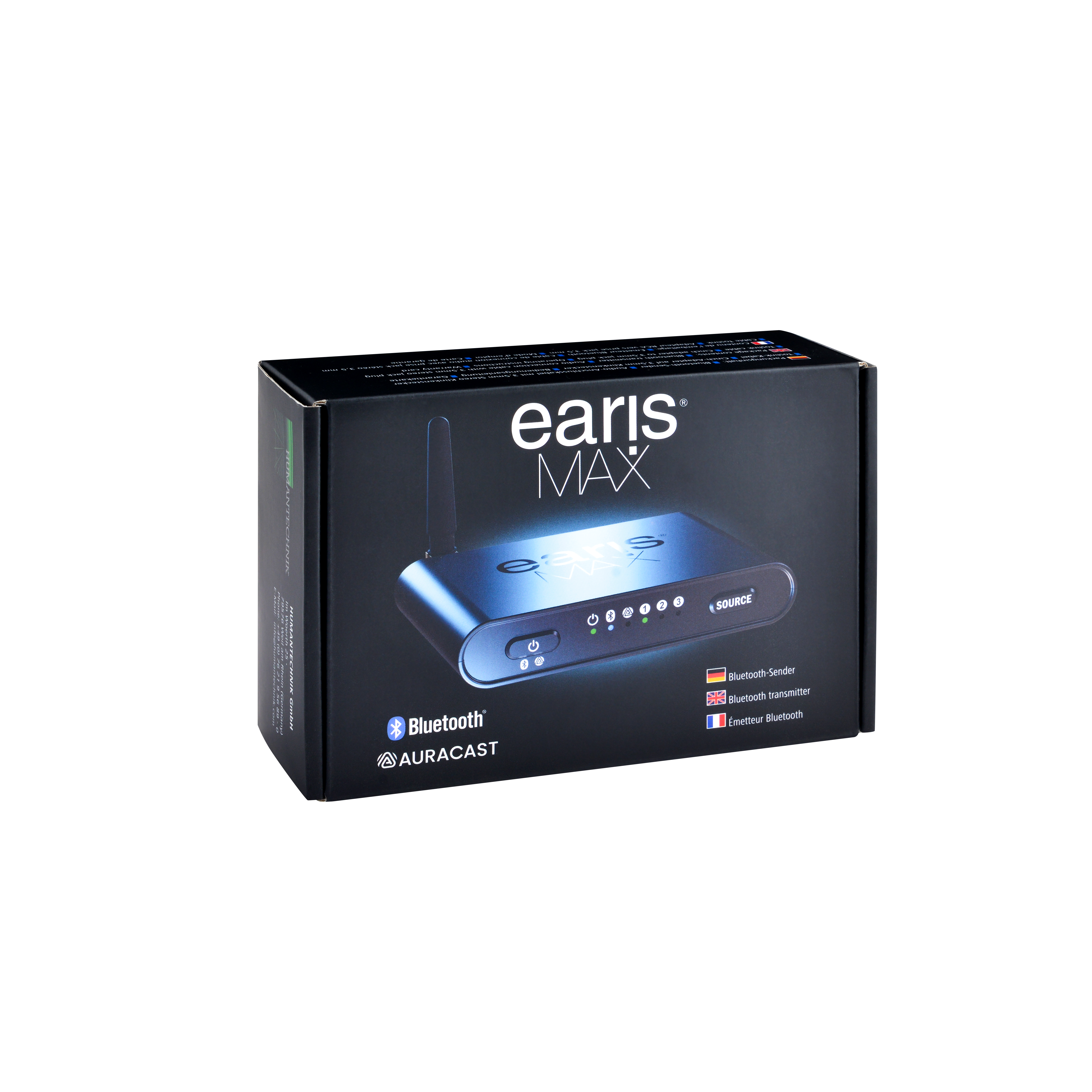 Scatola del trasmettitore Bluetooth Earis Max con antenna e porta di ricarica.