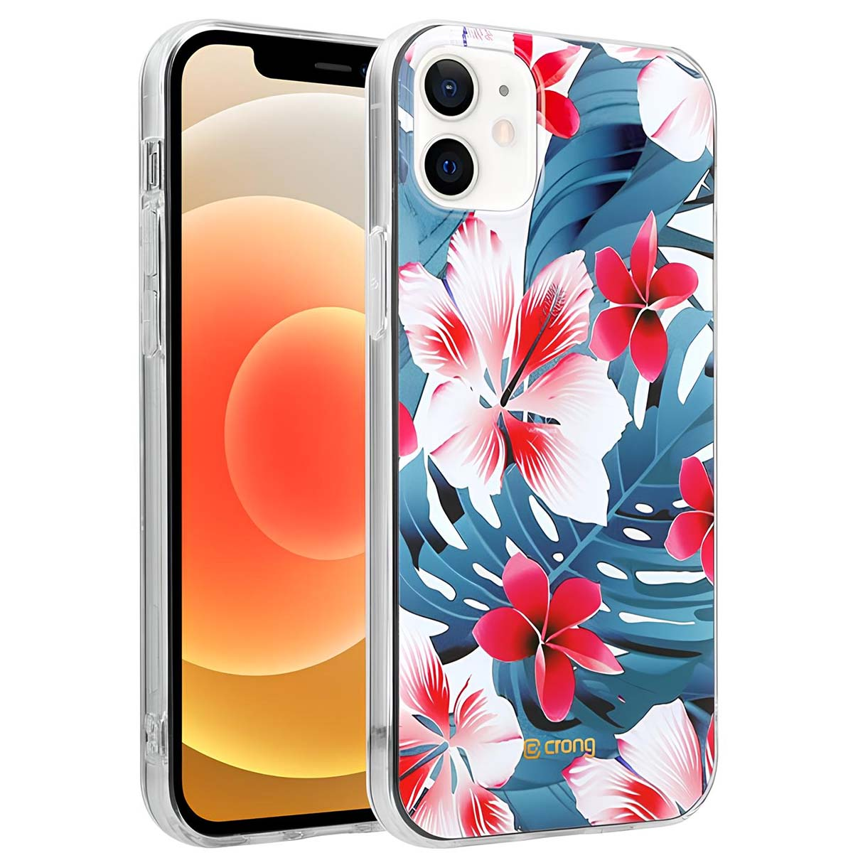 Una custodia trasparente per iPhone con fantasia floreale tropicale di ibisco rosso e bianco.