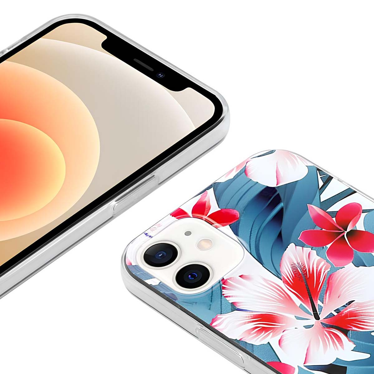Uno smartphone con custodia a fantasia floreale blu e rossa, accanto a un altro smartphone.