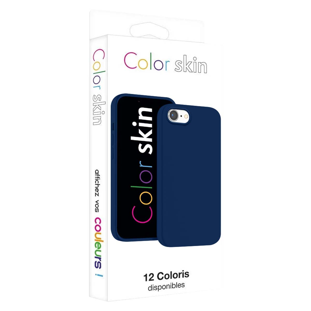 Embalaje con funda de teléfono azul oscuro y logo "Color skin".