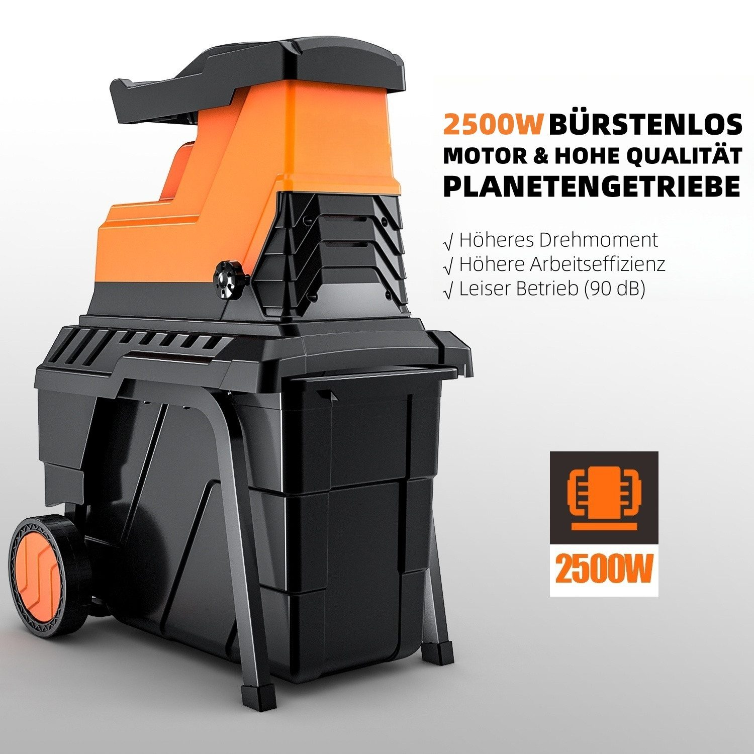 Ein orange-schwarzer Häcksler mit 2500W Leistung.