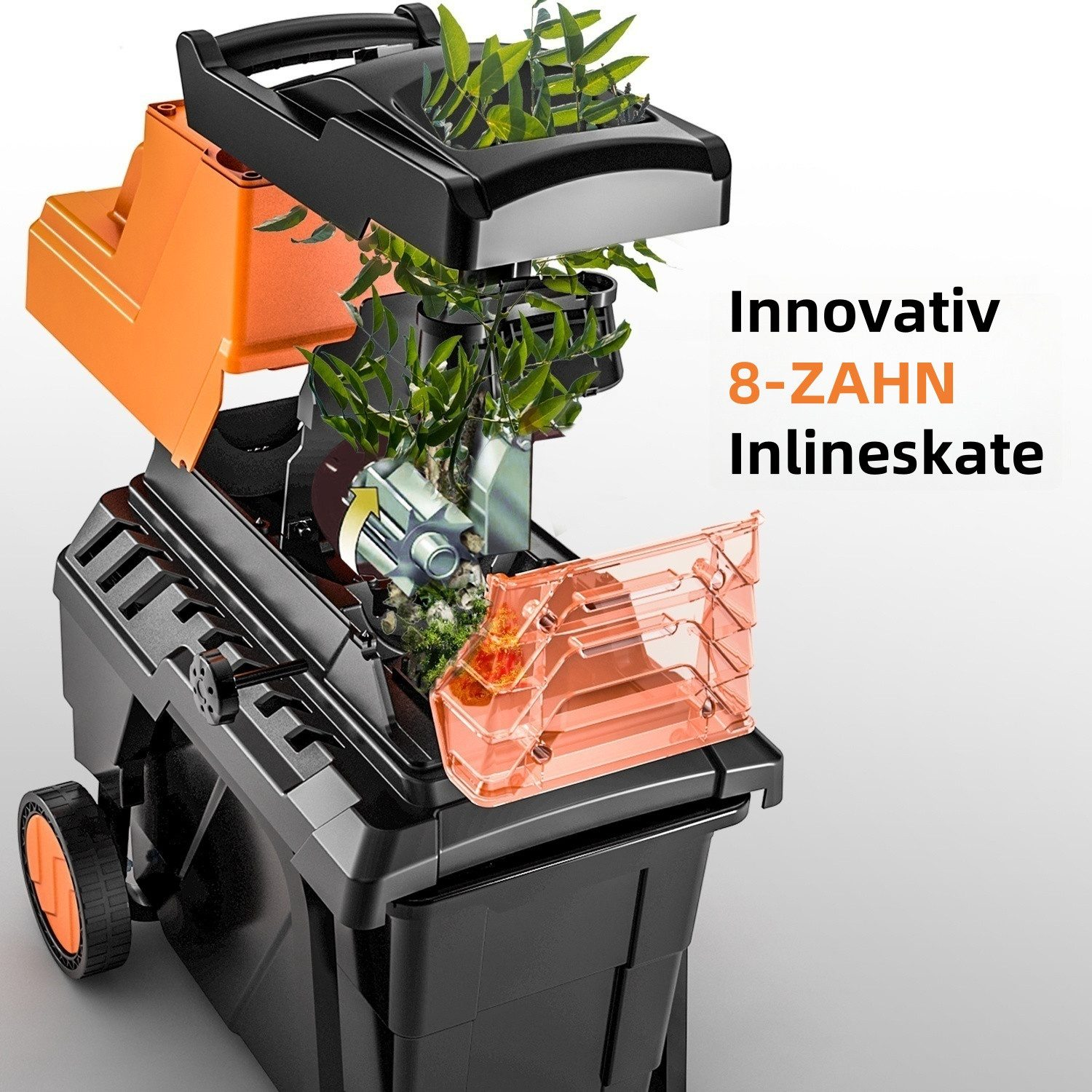 Ein innovativer Häcksler mit orangen und schwarzen Teilen, der Pflanzen verarbeitet.