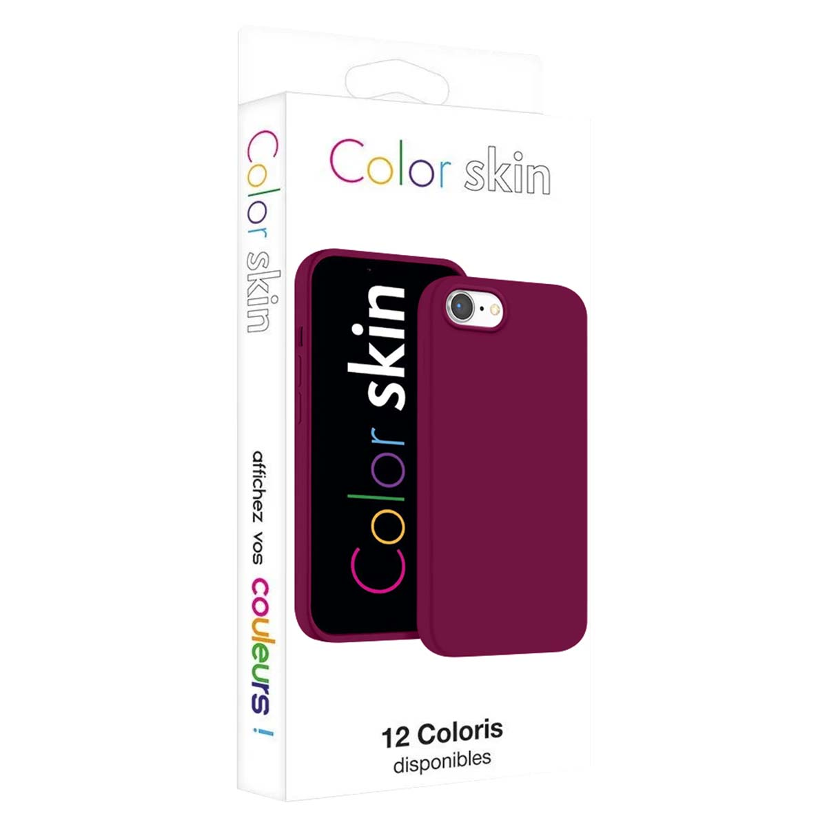 Custodia viola per telefono e confezione con logo "Color skin".