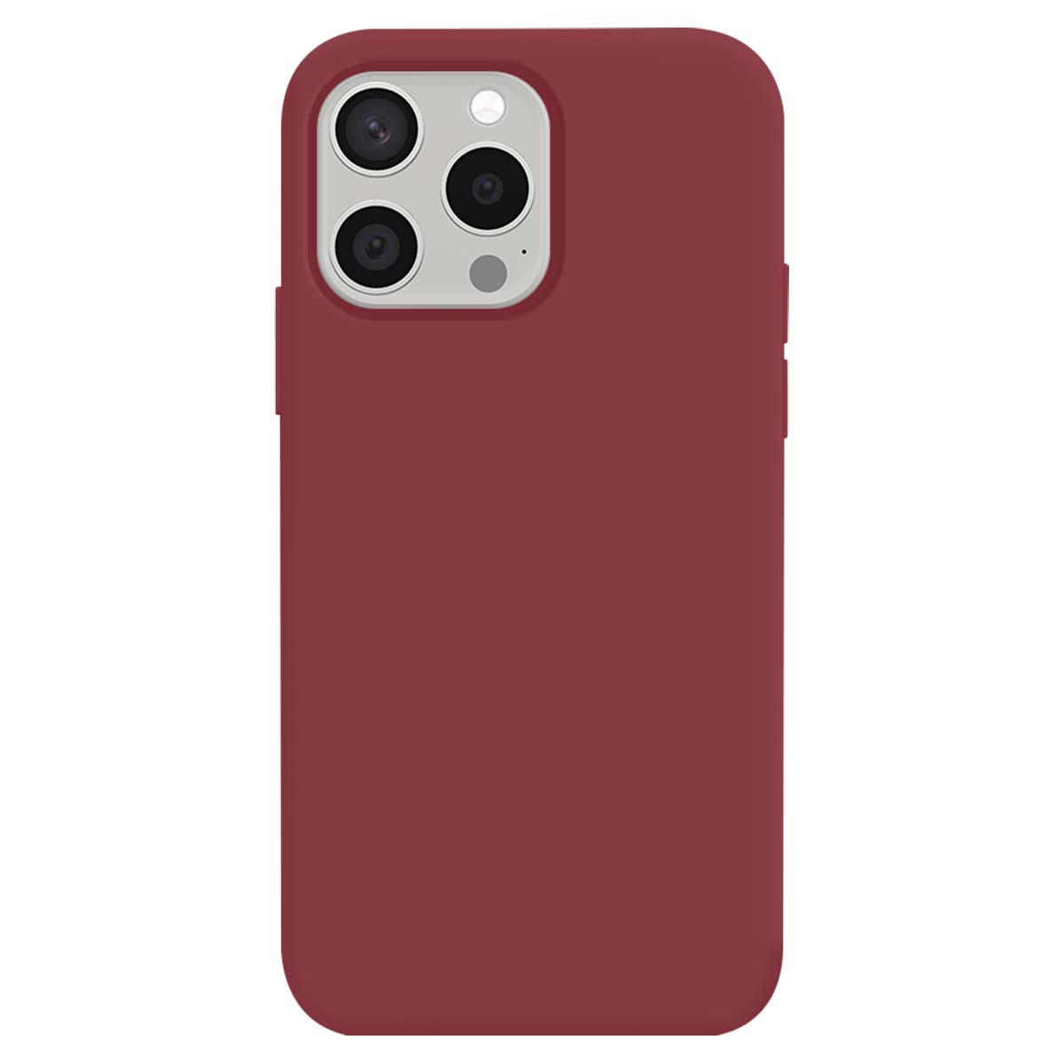 Custodia rossa per telefono con modulo tripla fotocamera su sfondo bianco.