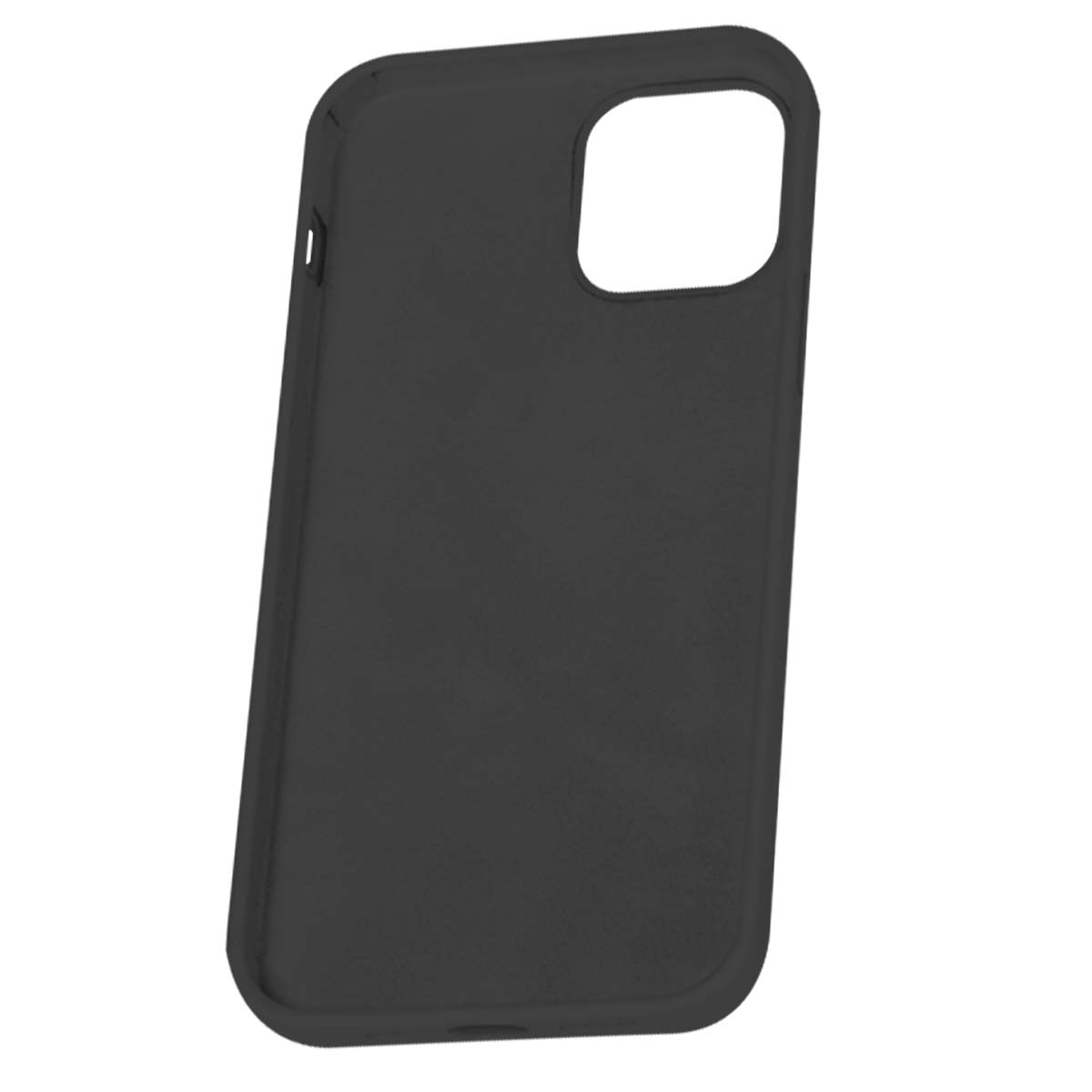 Una custodia per telefono nera con un ritaglio rettangolare per fotocamera in alto a destra.