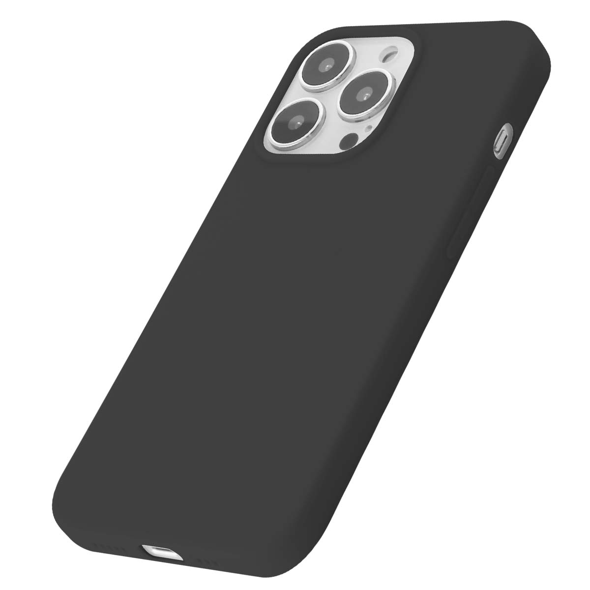 Custodia nera per telefono con tre obiettivi e cornice argentata.