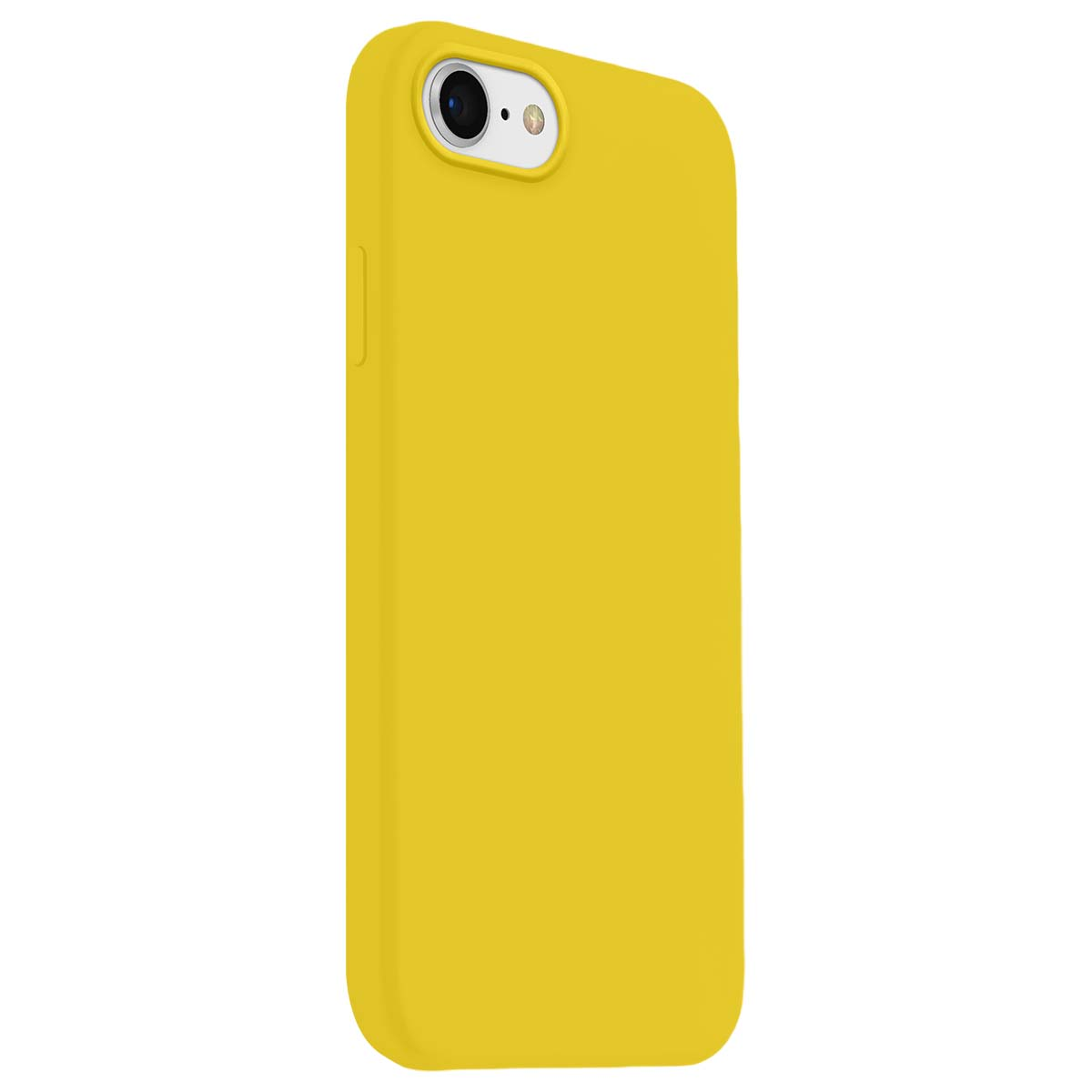 Funda amarilla para teléfono con recorte de cámara y botones laterales de volumen.