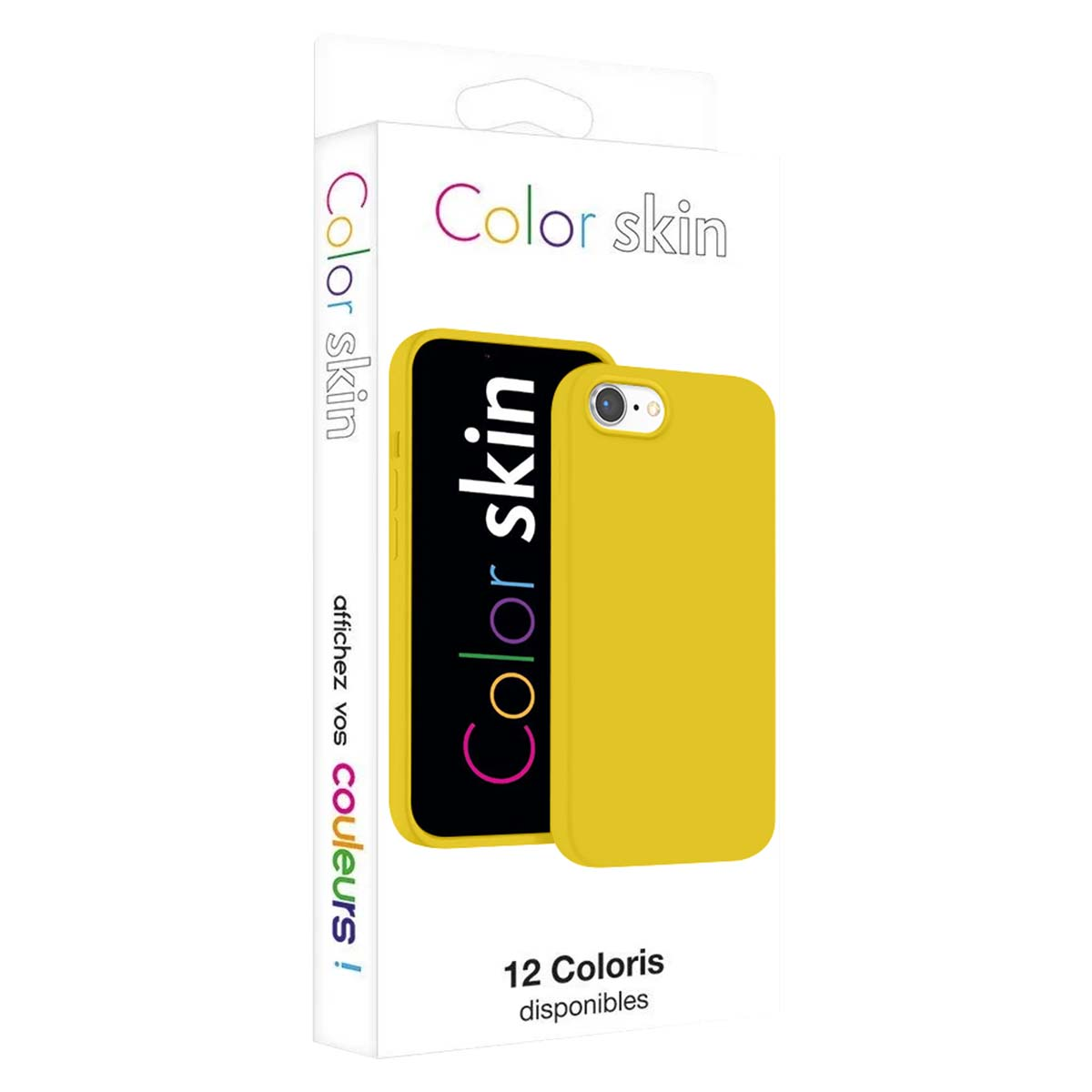 Funda de teléfono amarilla en empaque con texto "Color skin" y "12 Coloris disponibles".