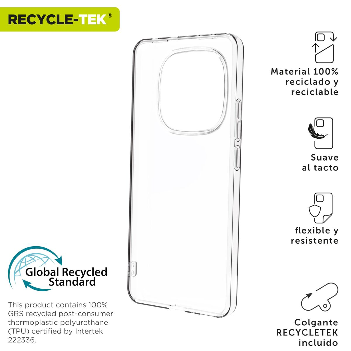 Transparente Handyhülle aus 100% recyceltem Material mit Logo.