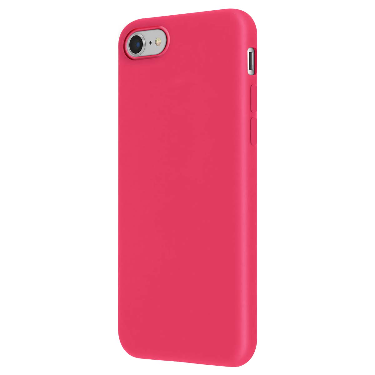 Una custodia rosa per iPhone con ritaglio fotocamera e pulsanti laterali.