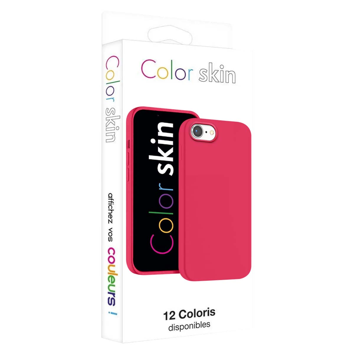 Confezione con cover per telefono rosa e marchio 'Color skin'.