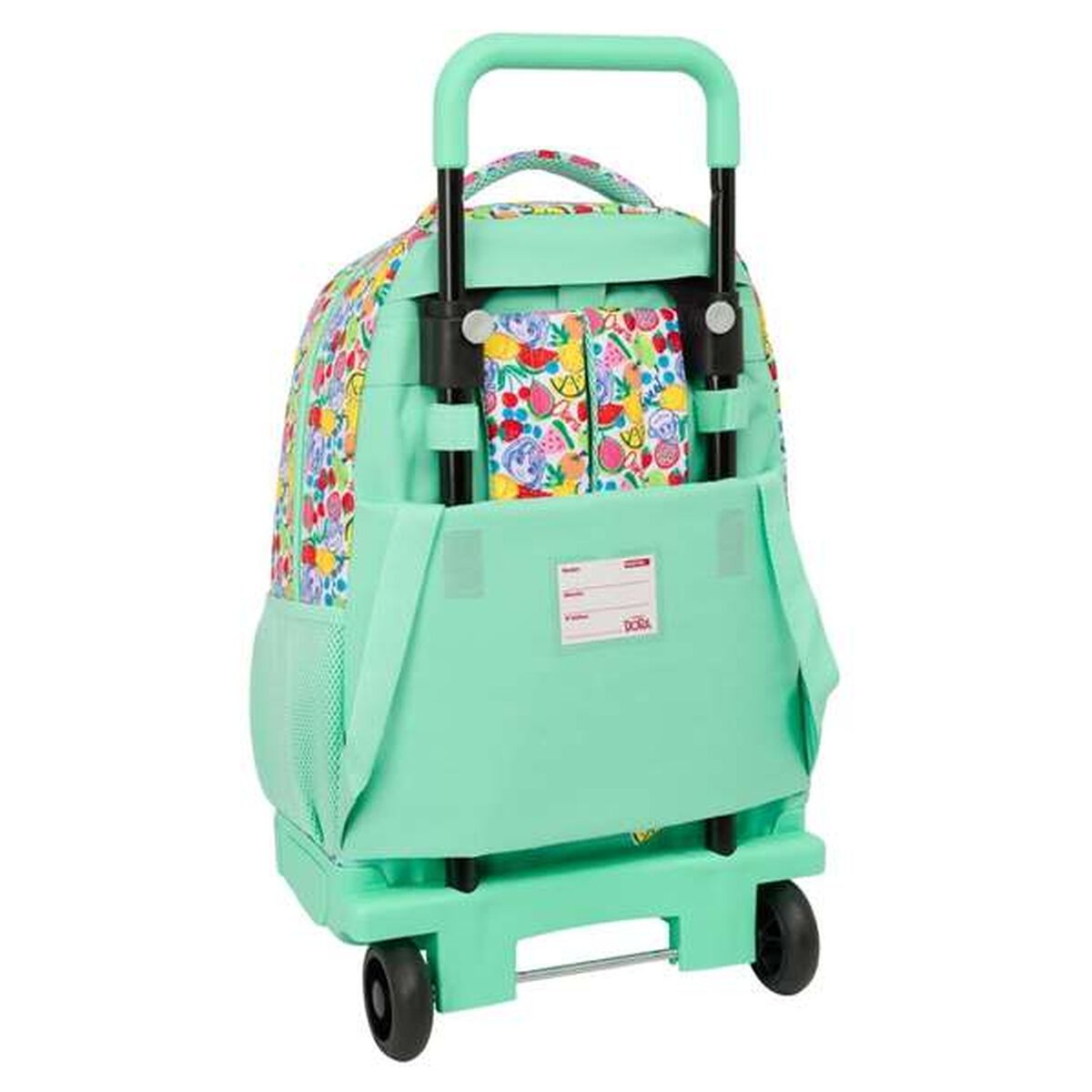 Ein mintgrüner Rollkoffer-Rucksack mit Fruchtmuster und Teleskopgriff.