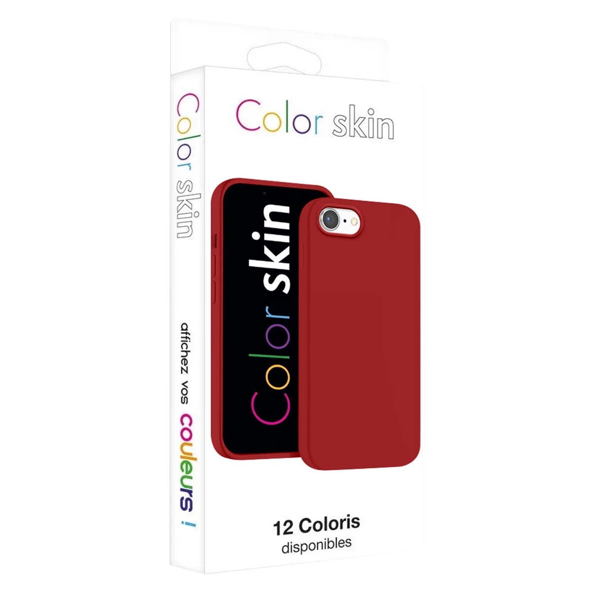 Funda roja para teléfono con logo "Color Skin" en empaque y móvil.