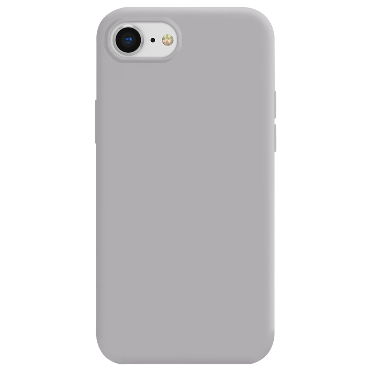 Funda gris clara para teléfono con recorte de cámara y flash.