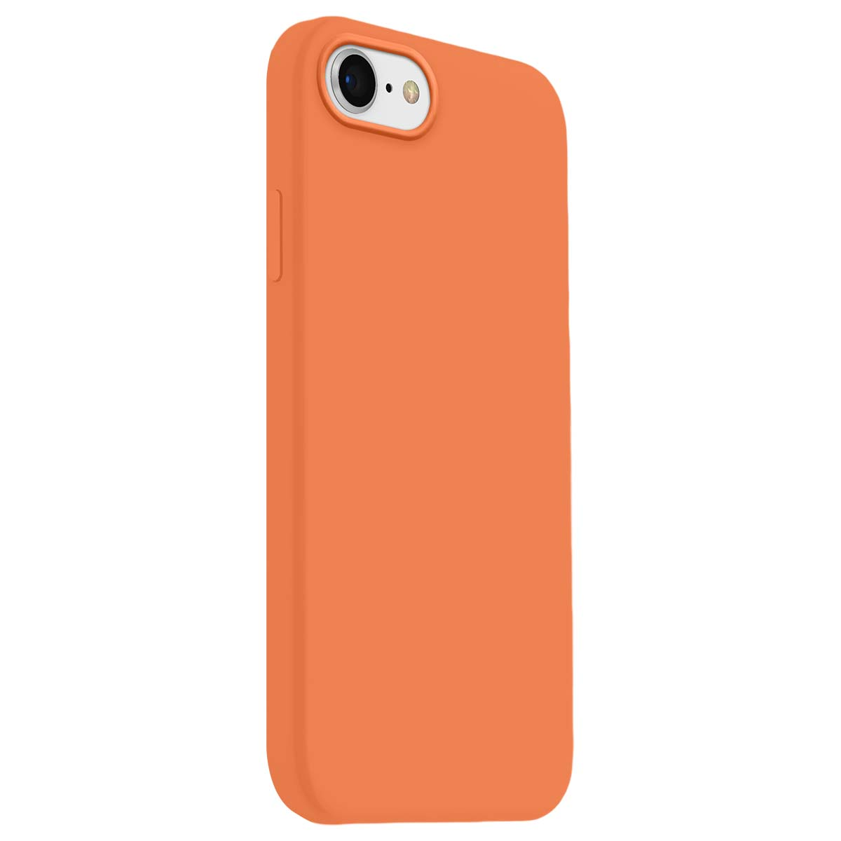 Una cover arancione per telefono con ritaglio fotocamera su sfondo bianco.