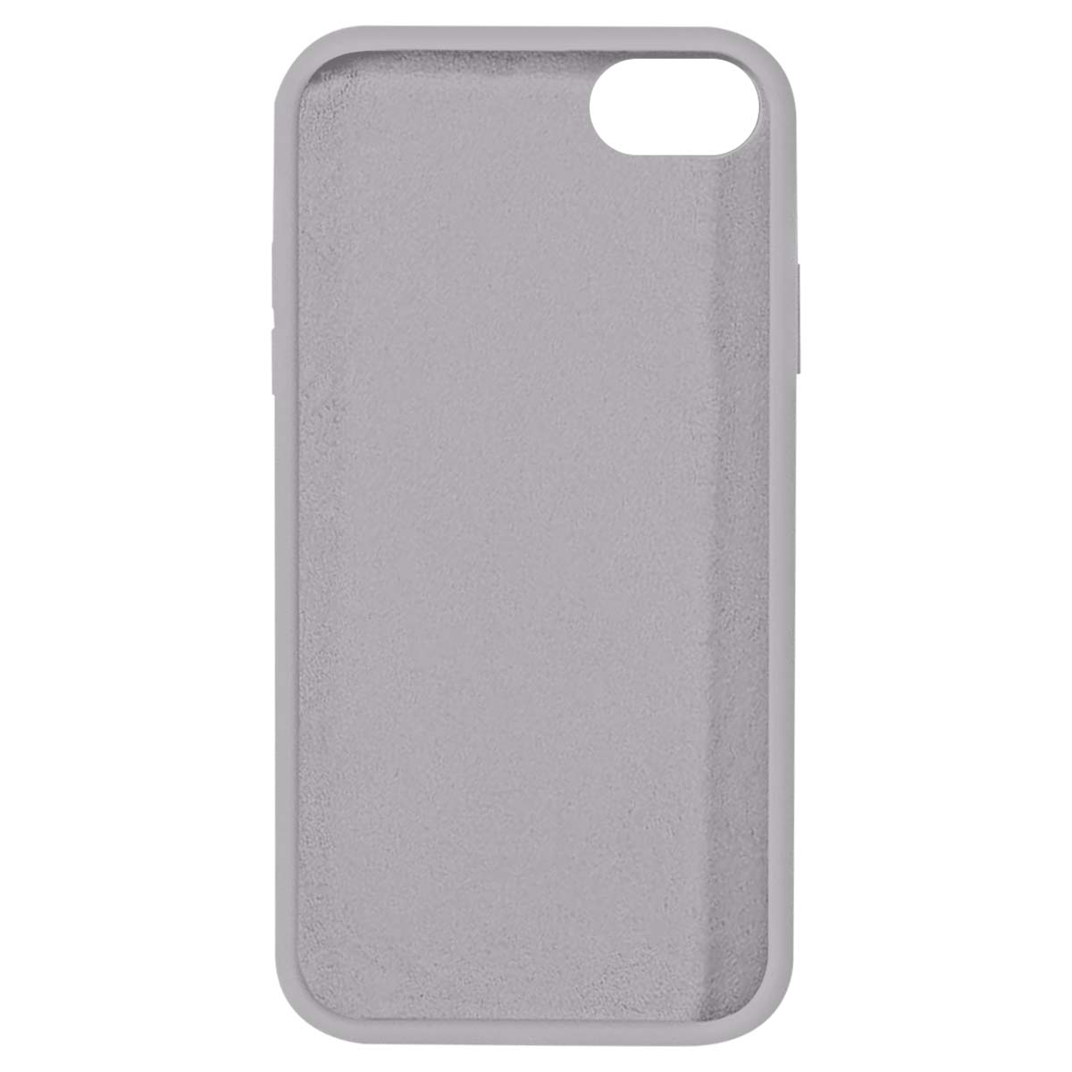 Vista trasera de funda gris para móvil con recortes para cámara y botones.