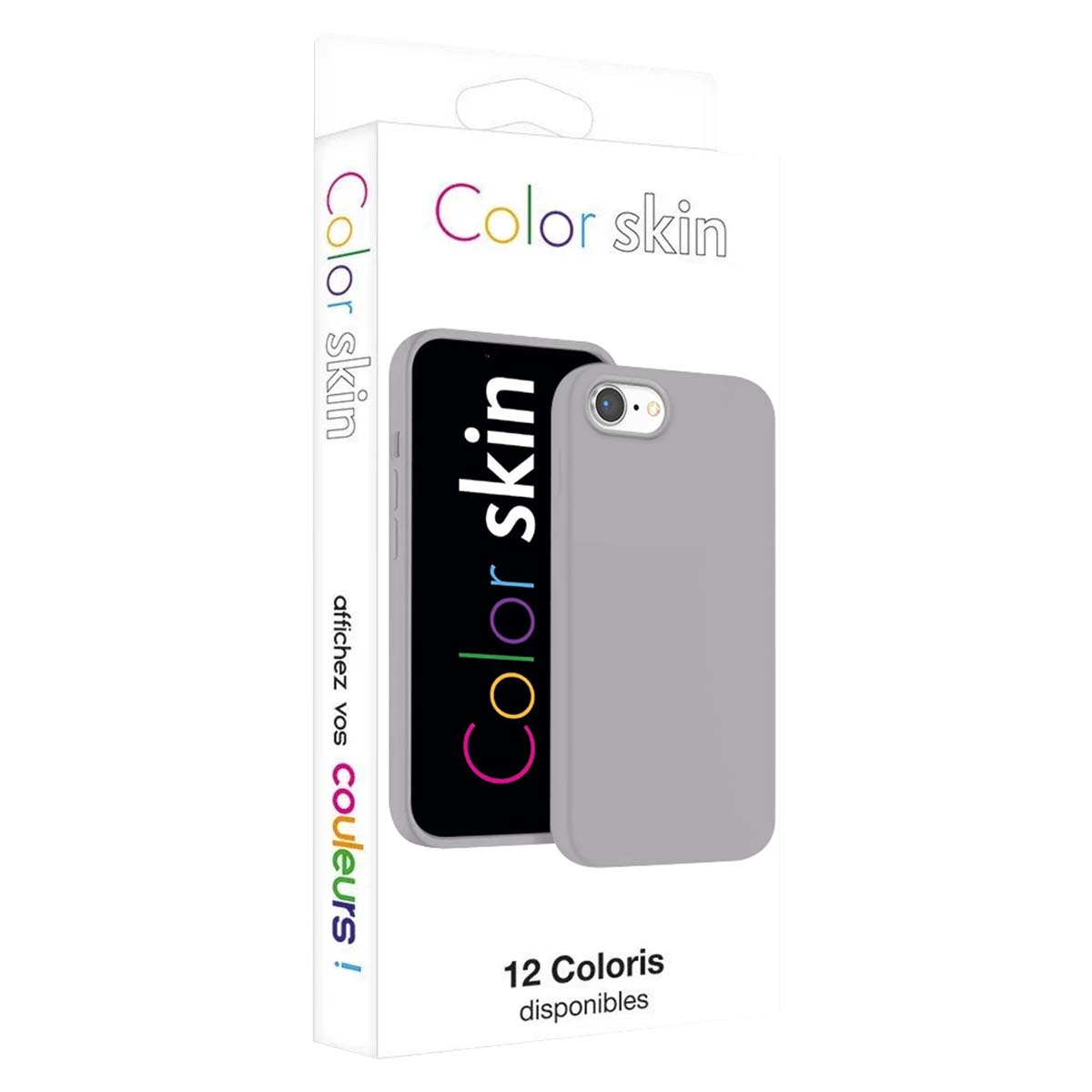 Funda de móvil gris junto a un producto empaquetado con texto 'Color skin'.