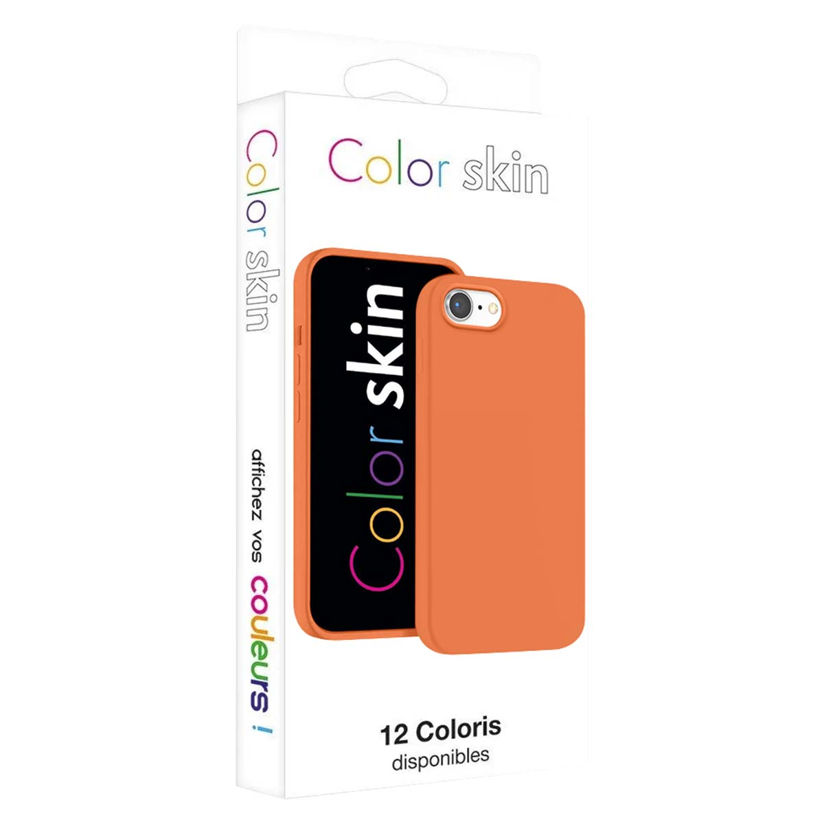 Custodia arancione per telefono su confezione con logo e testo "Color skin".