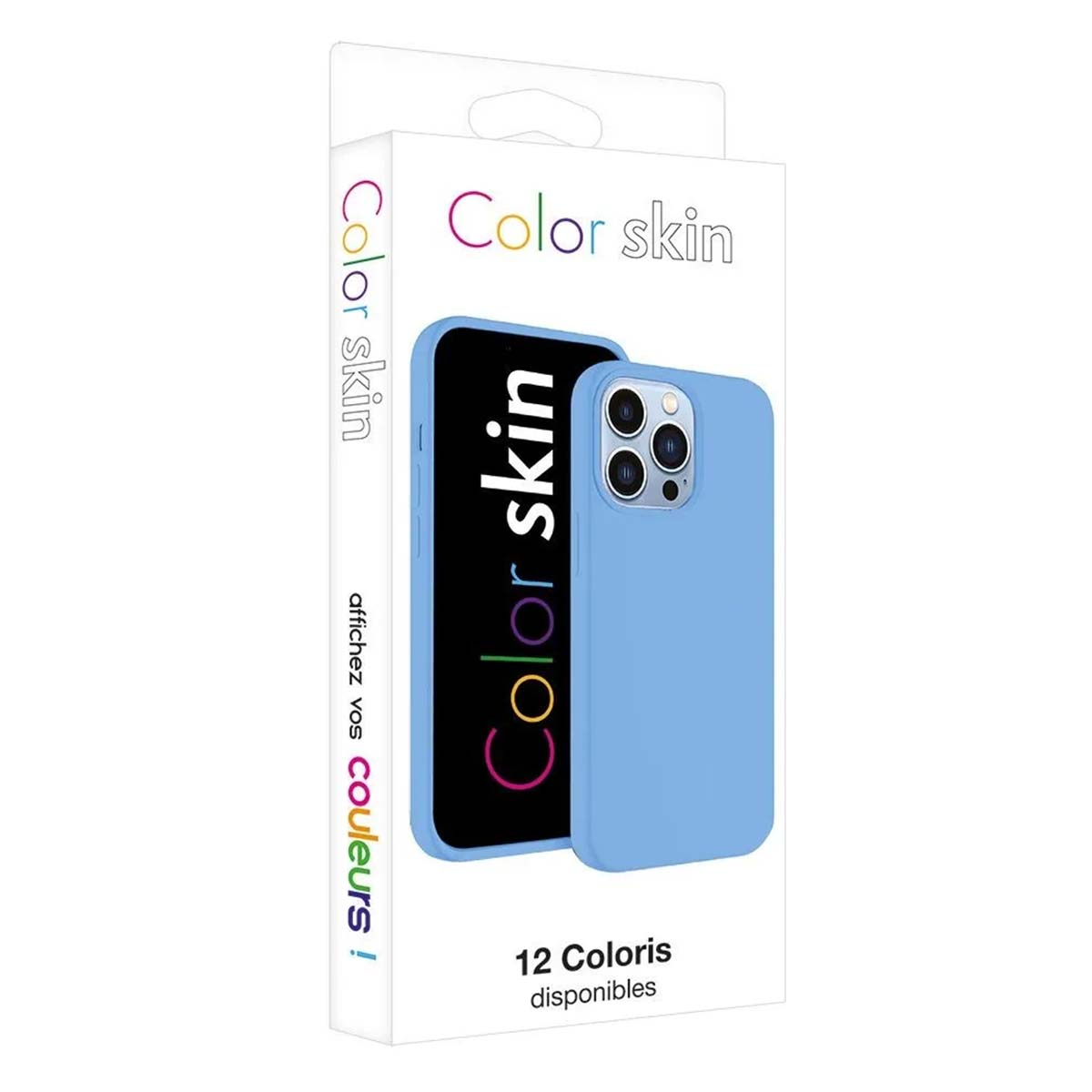 Custodia blu chiaro con logo "Color Skin" sulla confezione.