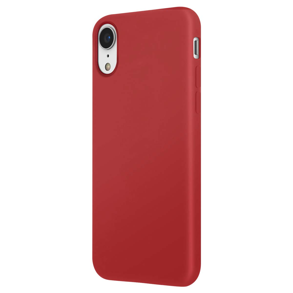 Custodia rossa per telefono con ritaglio fotocamera e pulsanti laterali su sfondo bianco.