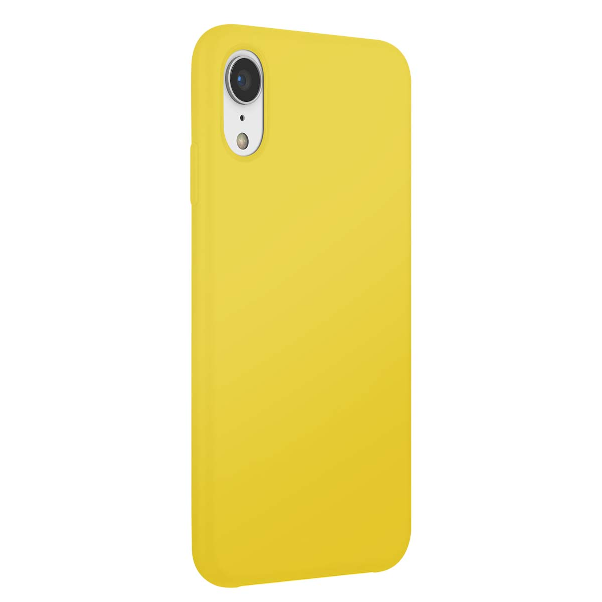 Custodia gialla per telefono con modulo fotocamera su sfondo bianco.