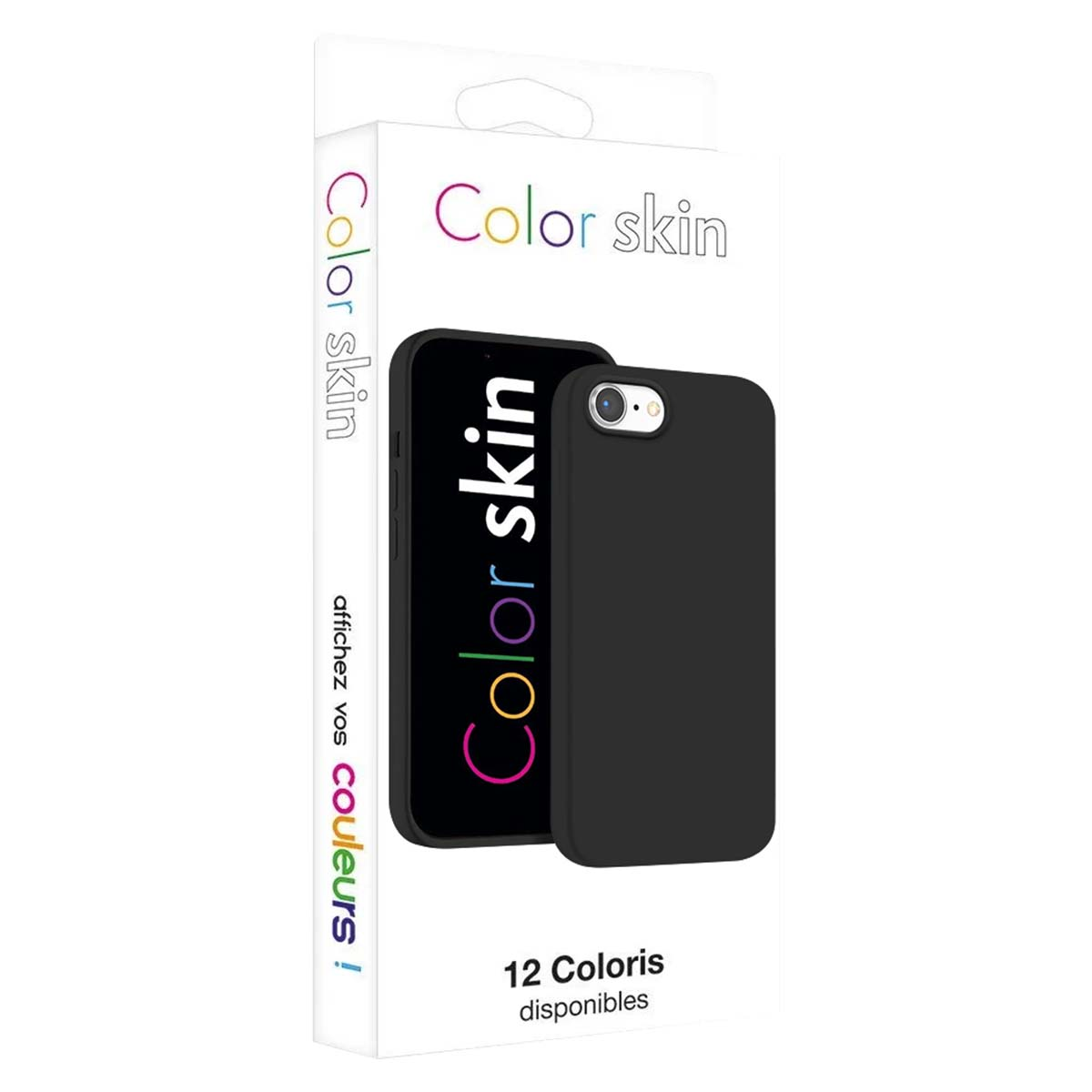 Cover nera per telefono con logo "Color Skin", in confezione.