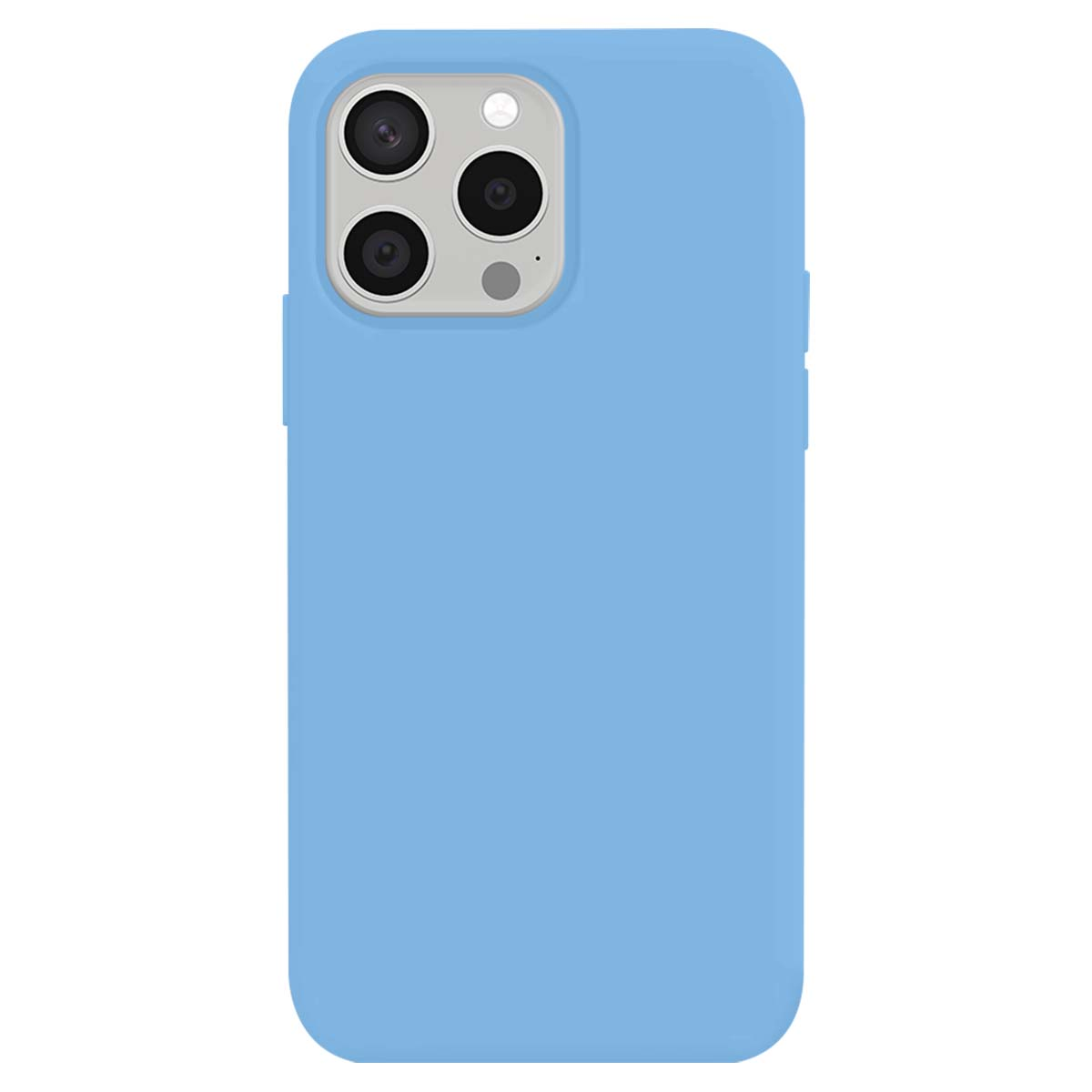 Una cover per telefono azzurra con modulo fotocamera a triplo obiettivo.