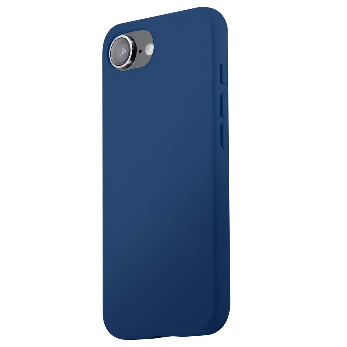 Custodia blu scuro per telefono con ritaglio fotocamera su sfondo bianco.