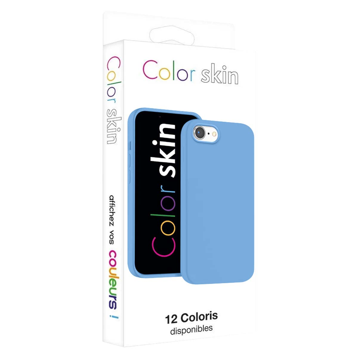 Verpackung mit einem hellblauen Handycover, das für ein iPhone bestimmt ist.