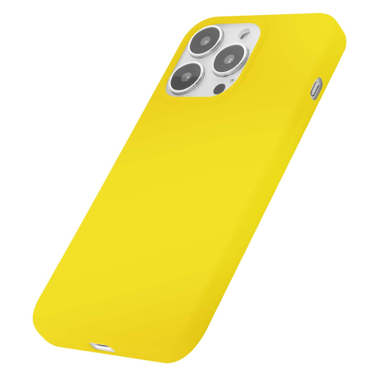 Una custodia gialla per telefono con tre obiettivi della fotocamera su sfondo bianco.