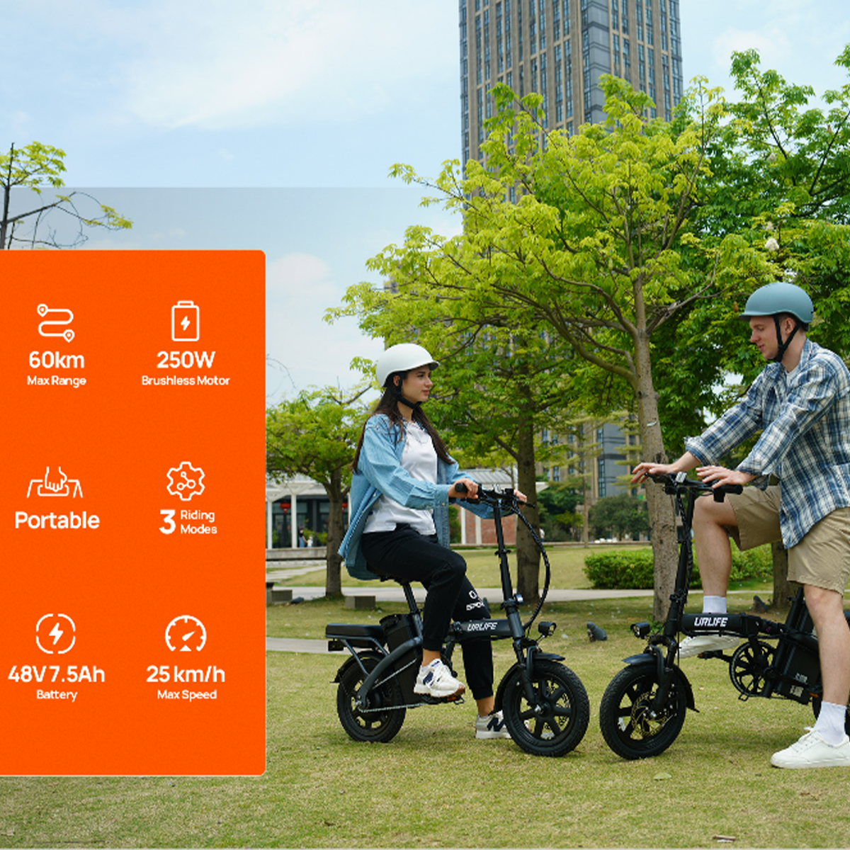 Dwie osoby na rowerach elektrycznych w parku. Kobieta po lewej, mężczyzna po prawej. Pomarańczowa infobox.