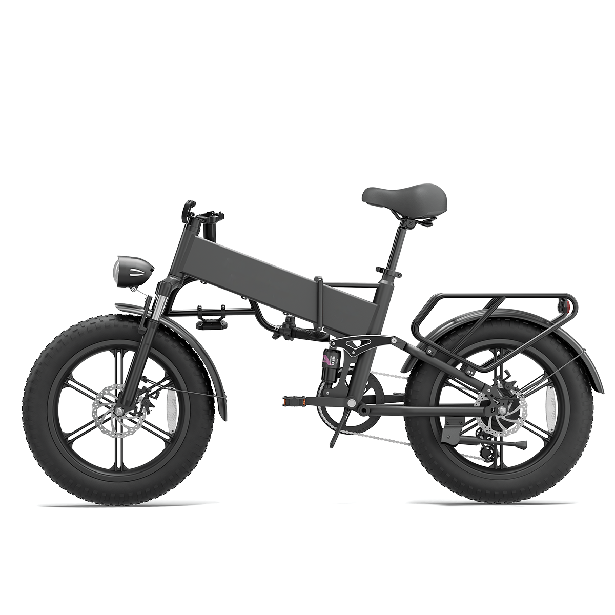 Szary składany rower elektryczny z grubymi oponami, bagażnikiem i reflektorem.