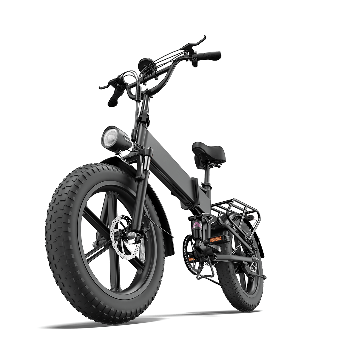 Czarny rower elektryczny z grubymi oponami, amortyzowanym widelcem i bagażnikiem.
