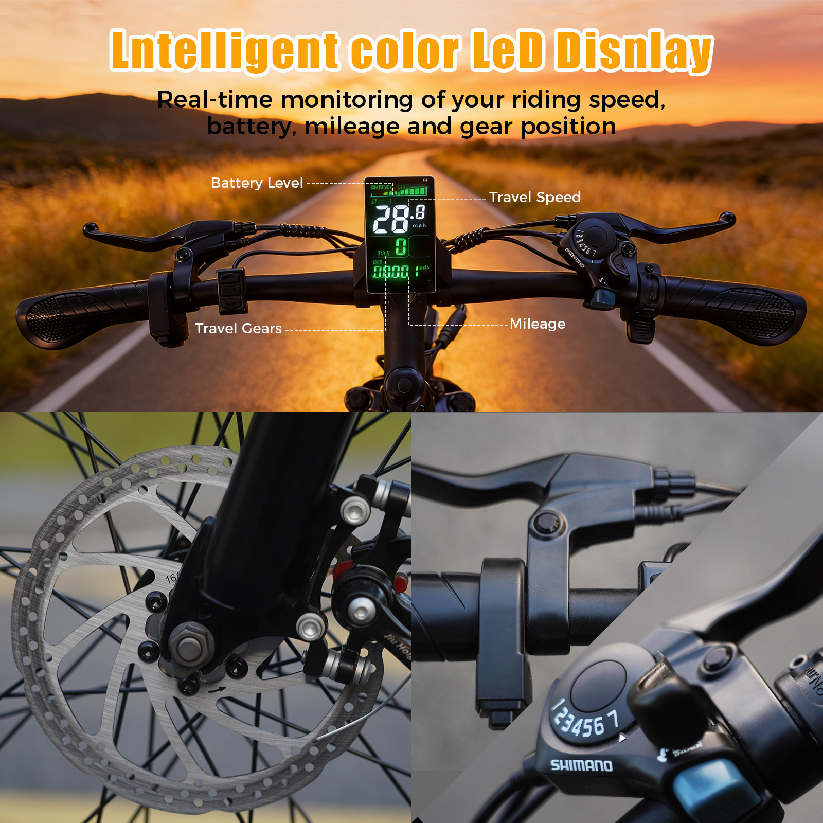 Kierownica roweru z cyfrowym wyświetlaczem pokazującym prędkość, baterię, przebieg i biegi.