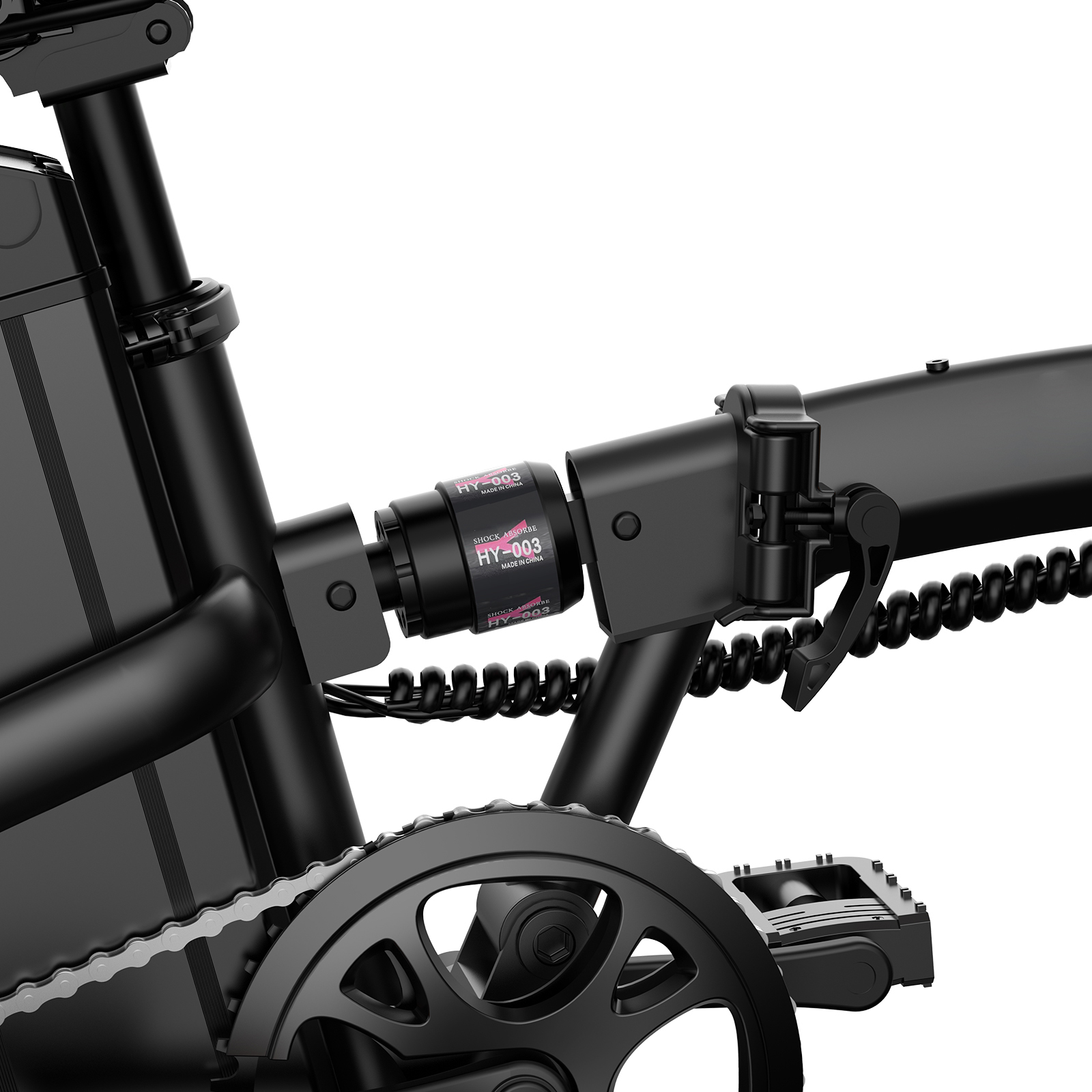 Zbliżenie czarnej ramy roweru z amortyzatorem i korbą.