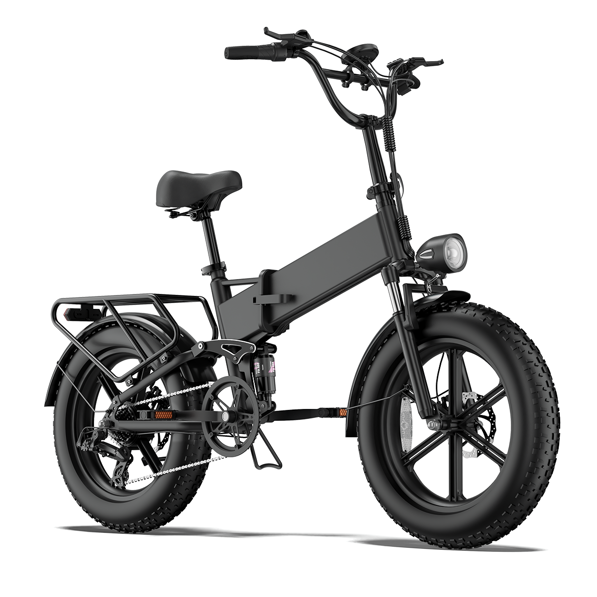 Czarny, składany rower elektryczny typu fat bike z bagażnikiem i amortyzacją.