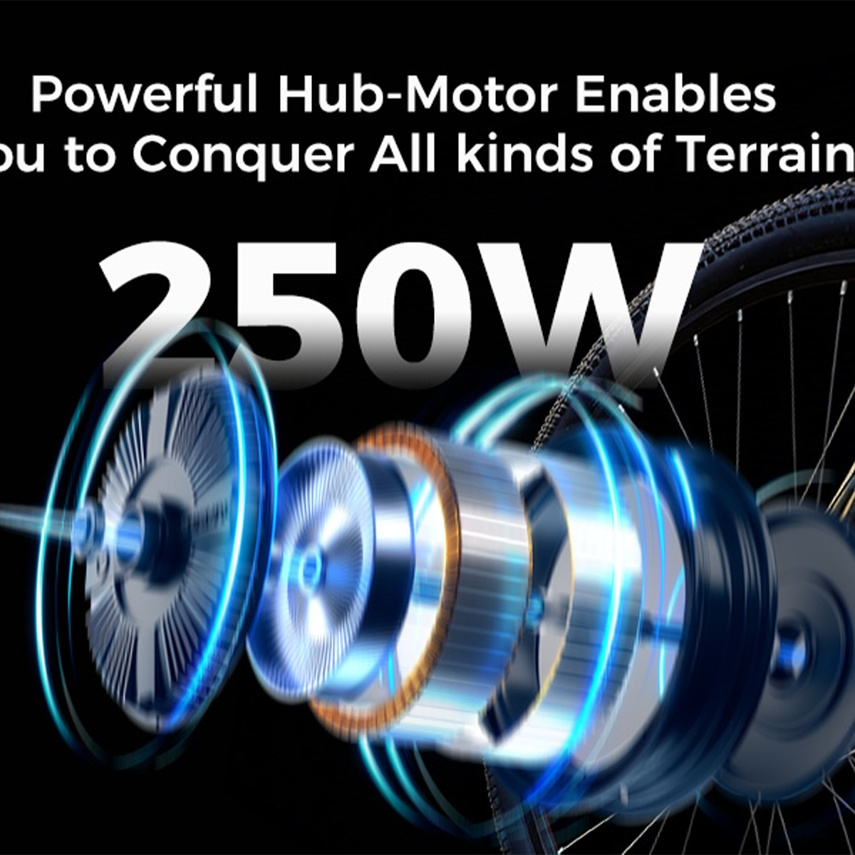 Silnik piasty roweru 250W z świecącymi niebieskimi liniami.