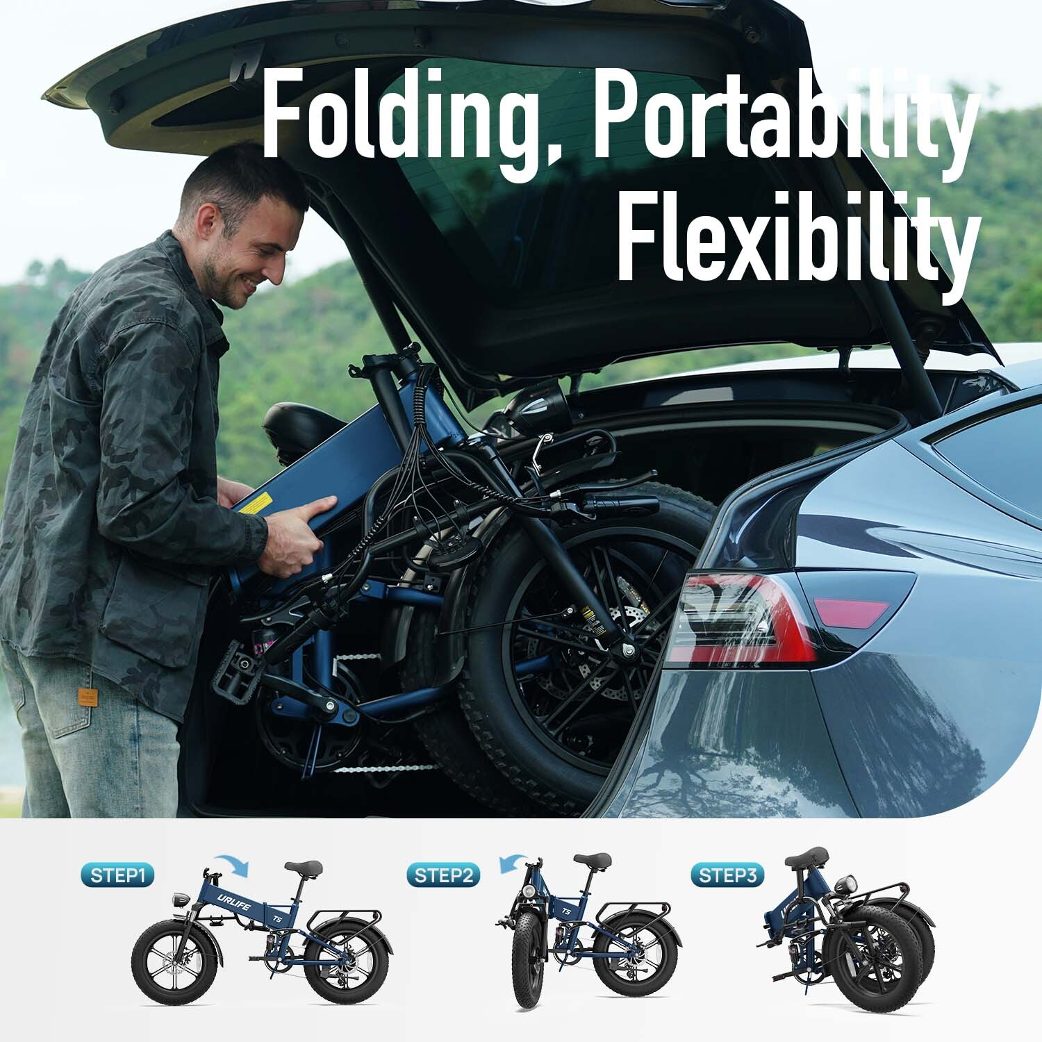 Mężczyzna pakuje niebieski rower składany do bagażnika samochodu. Pokazano trzy kroki.