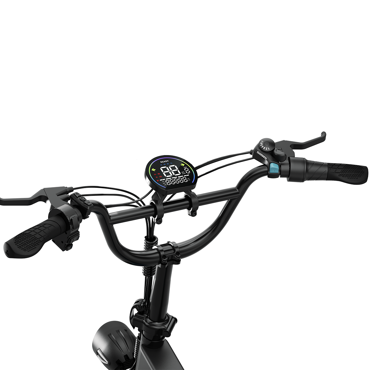 Kierownica hulajnogi elektrycznej z cyfrowym wyświetlaczem, hamulcem i manetką.