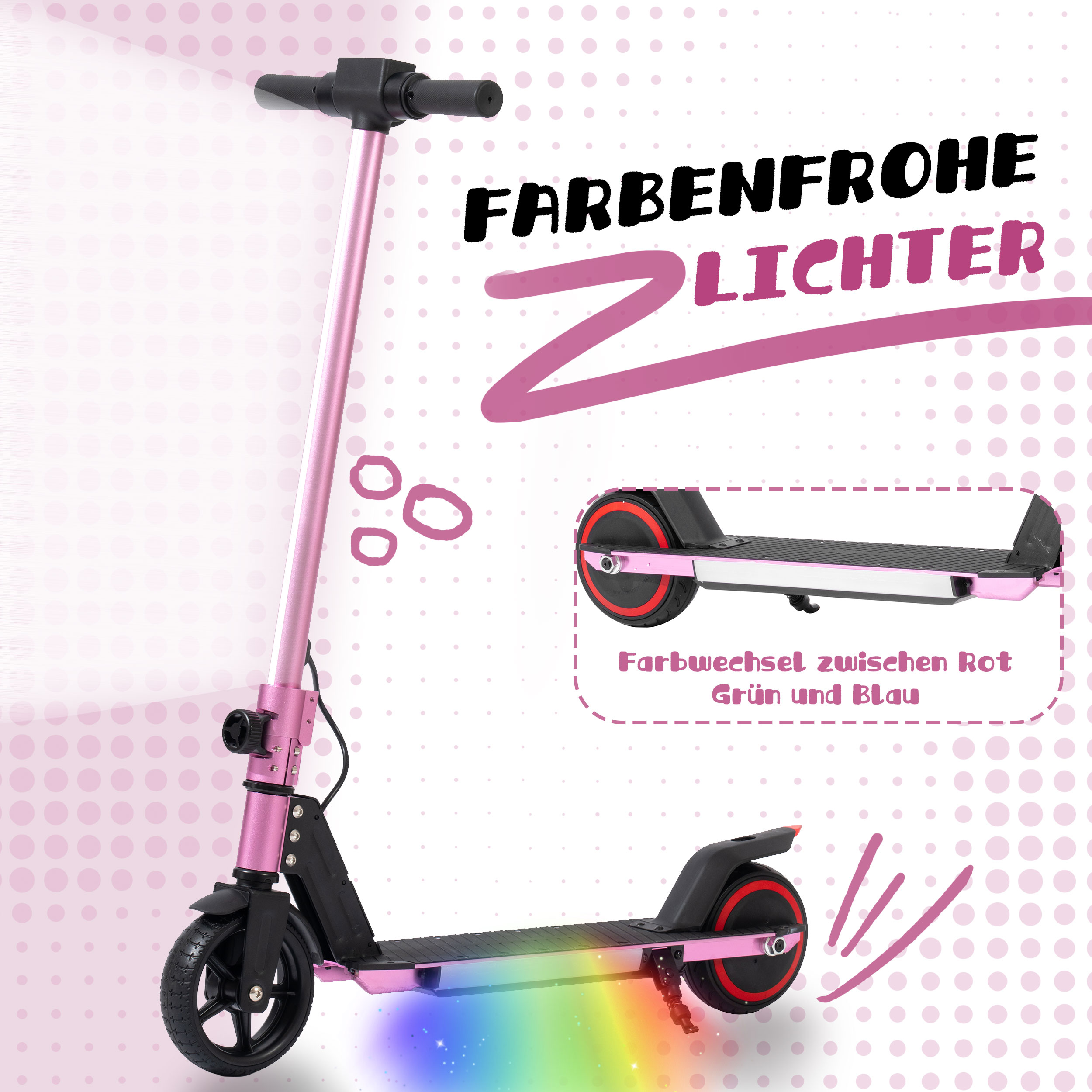 Ein pinker Elektroroller mit bunten Lichtern unter dem Trittbrett.