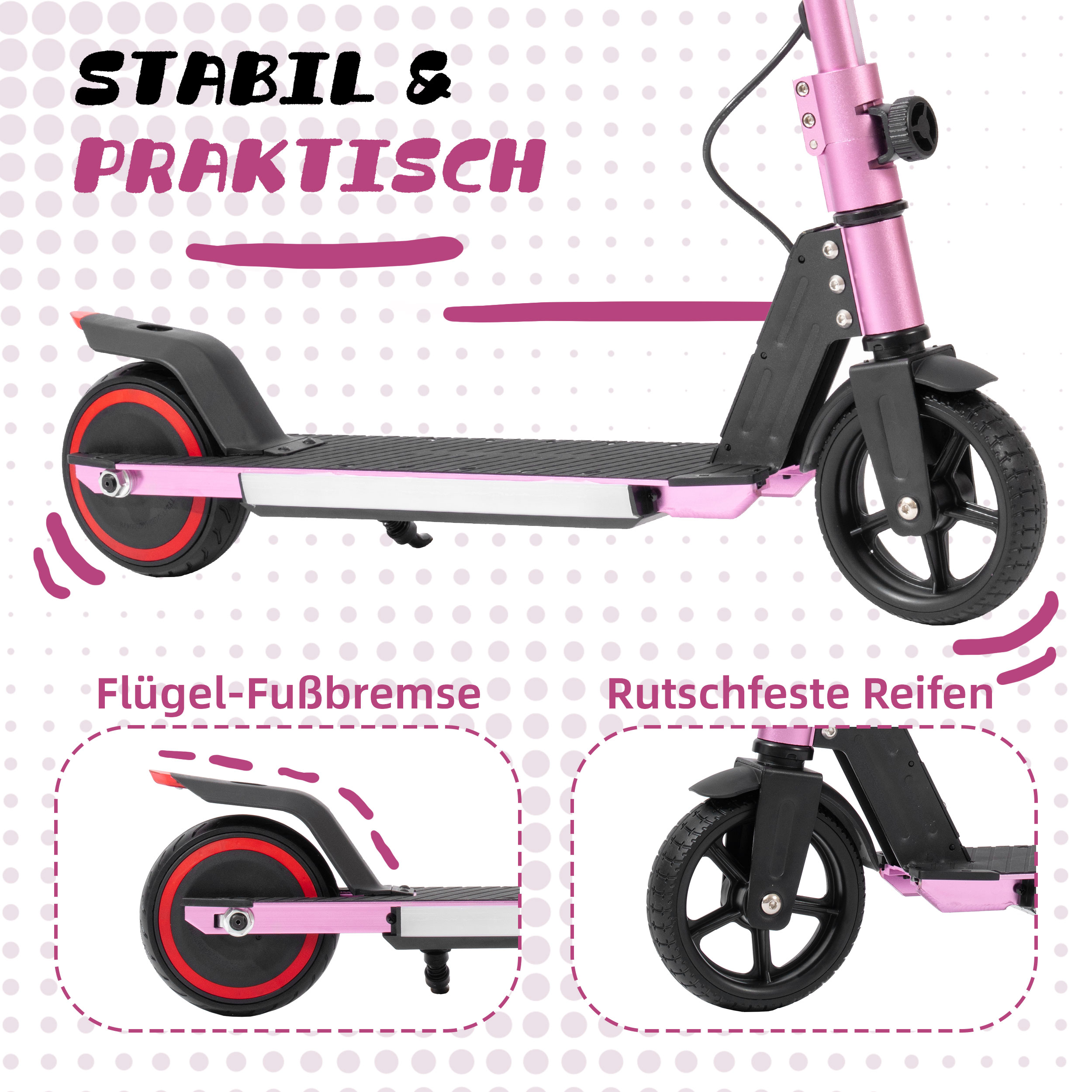 Ein rosafarbener Roller mit schwarzen Rädern und Bremsen.
