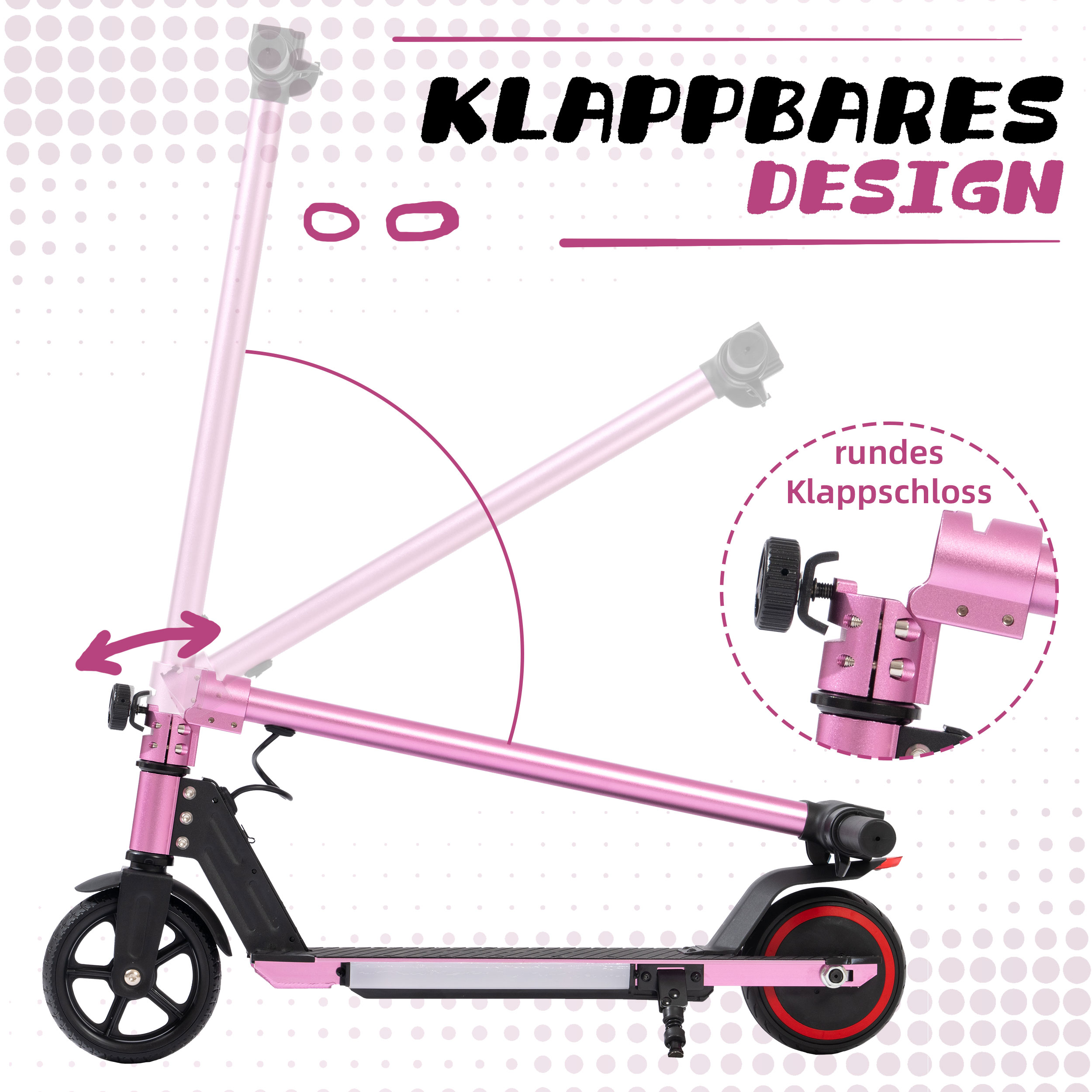 Ein rosa faltbarer Elektroroller mit detaillierter Nahaufnahme des Klappmechanismus.