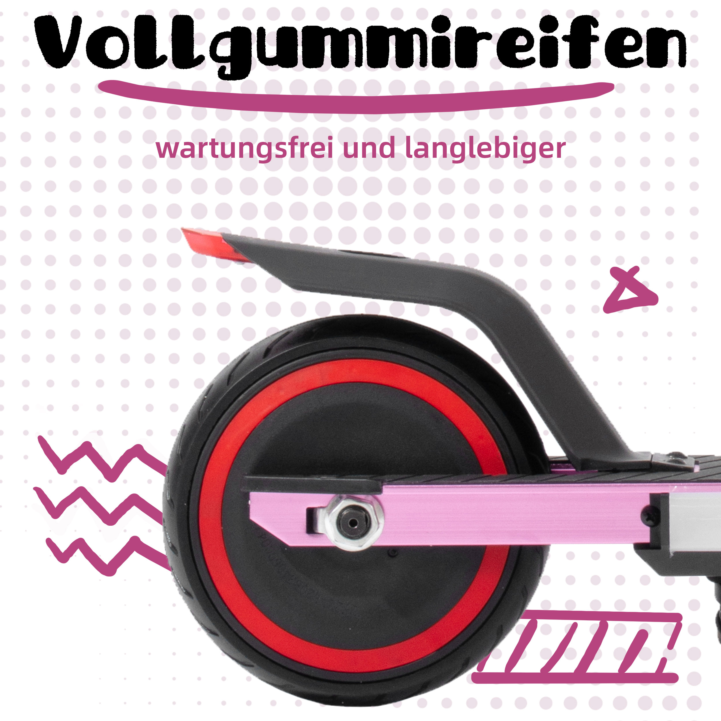 Ein pinker Roller mit Vollgummireifen und roten Akzenten.